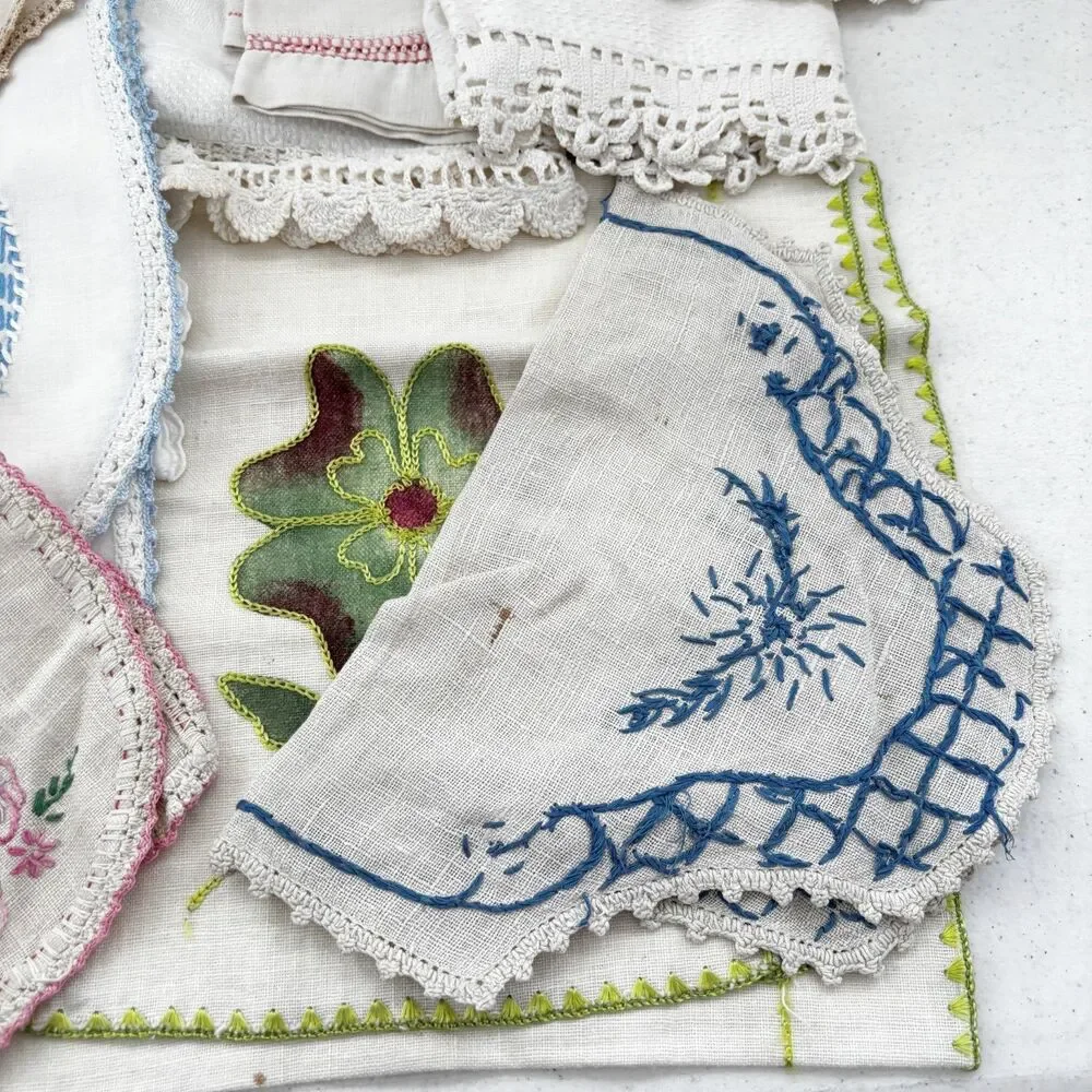 Vintage Cutter Linen Lot Doilies Eyelet Crochet Cottagecore Crafts Sewing
